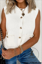 White solid color sleeveless knit button pocketed sweater - sweater vests