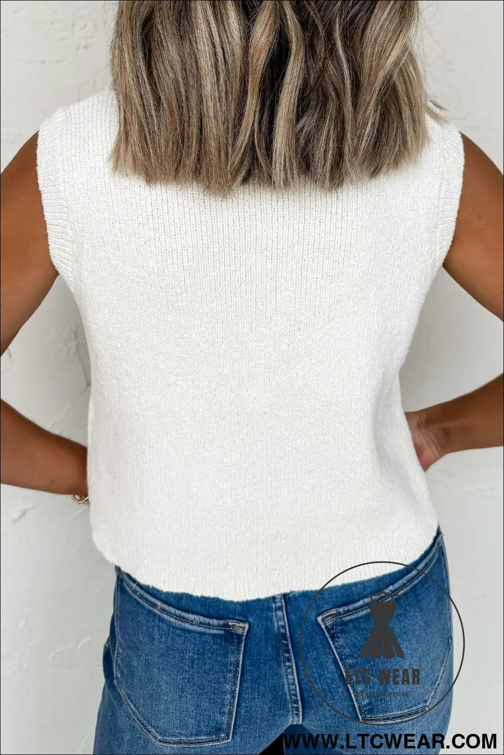 White solid color sleeveless knit button pocketed sweater - sweater vests