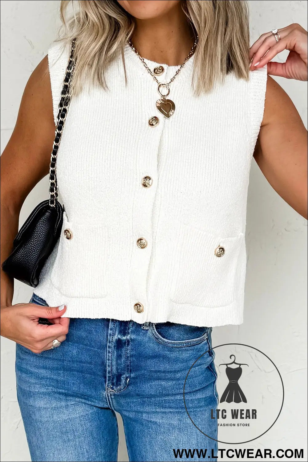 White solid color sleeveless knit button pocketed sweater - sweater vests
