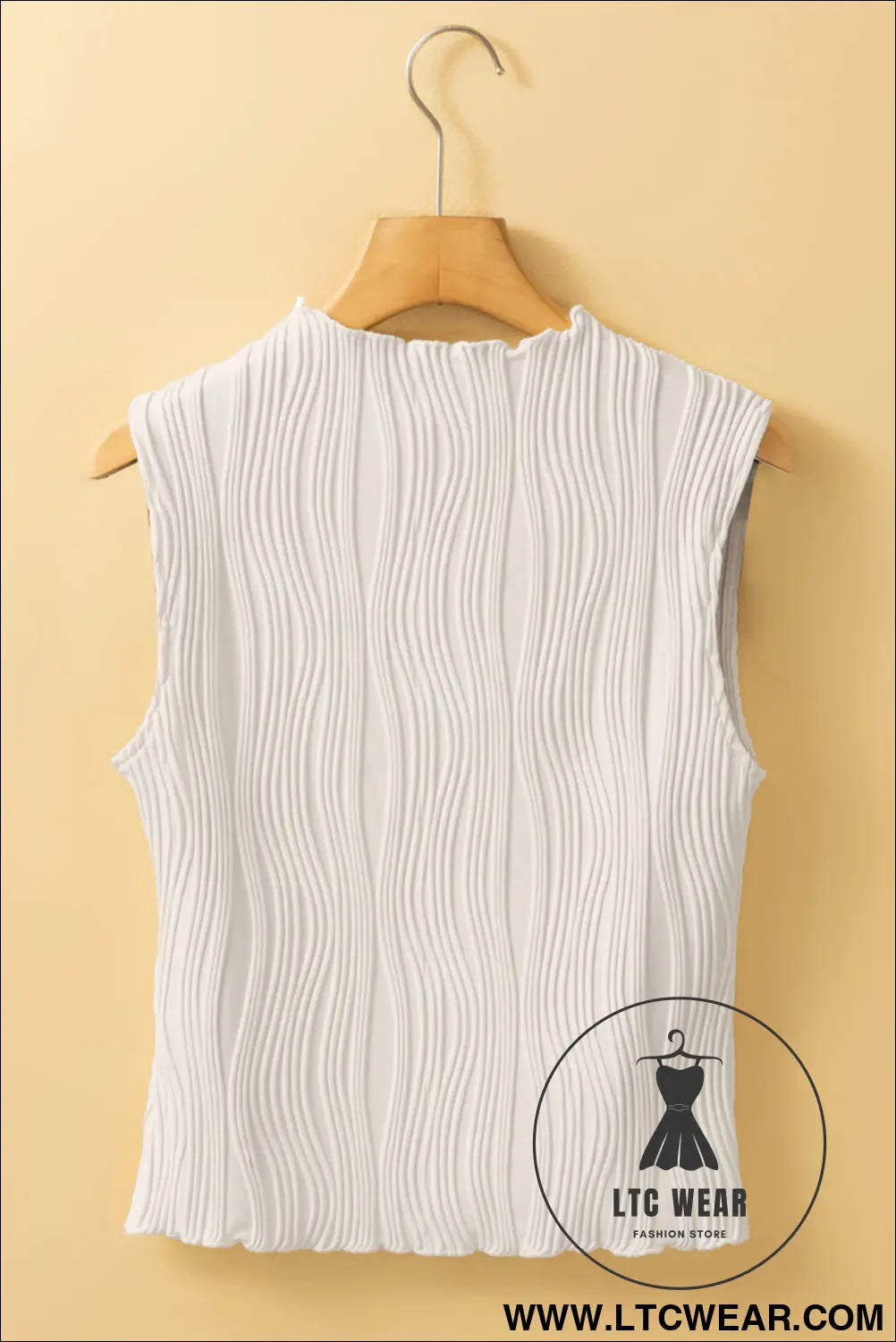 White Solid Color Wavy Textured Round Neck Tank Top - L.T.C Wear Online Fashion Store