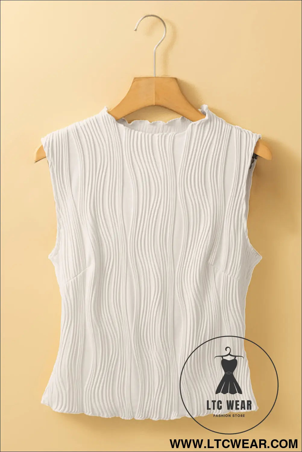 White Solid Color Wavy Textured Round Neck Tank Top - L.T.C Wear Online Fashion Store