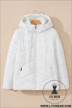 White solid quilted hooded zip up puffer coat - 20%