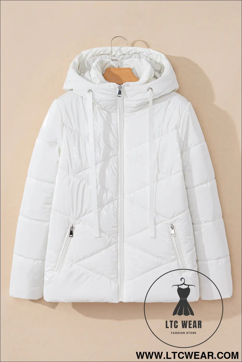 White solid quilted hooded zip up puffer coat - 20%