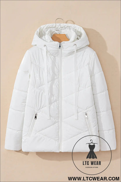 White solid quilted hooded zip up puffer coat - 20%