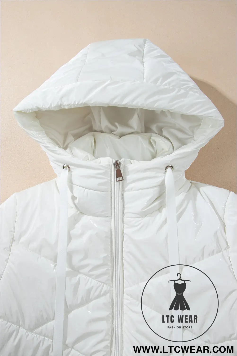 White solid quilted hooded zip up puffer coat - 20%