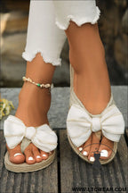 White stitched bow decor woven flip flop slippers - slippers
