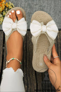 White stitched bow decor woven flip flop slippers - white / 37 / 100% pmma - slippers