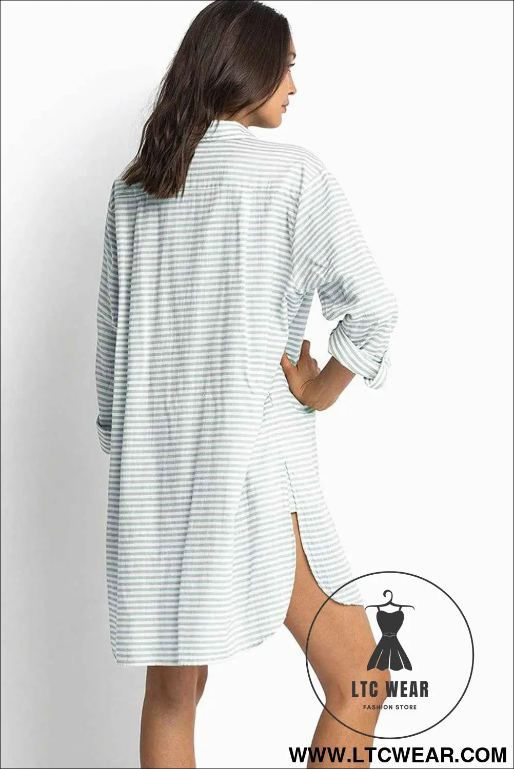 White Stripe Collared V Neck Chest Pocket Long Sleeve Beach Cover up