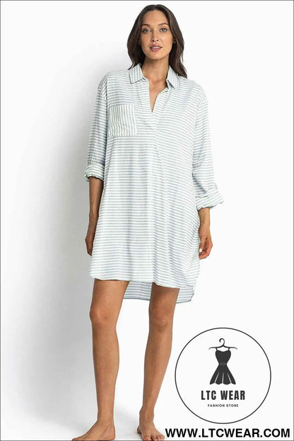 White Stripe Collared V Neck Chest Pocket Long Sleeve Beach Cover up