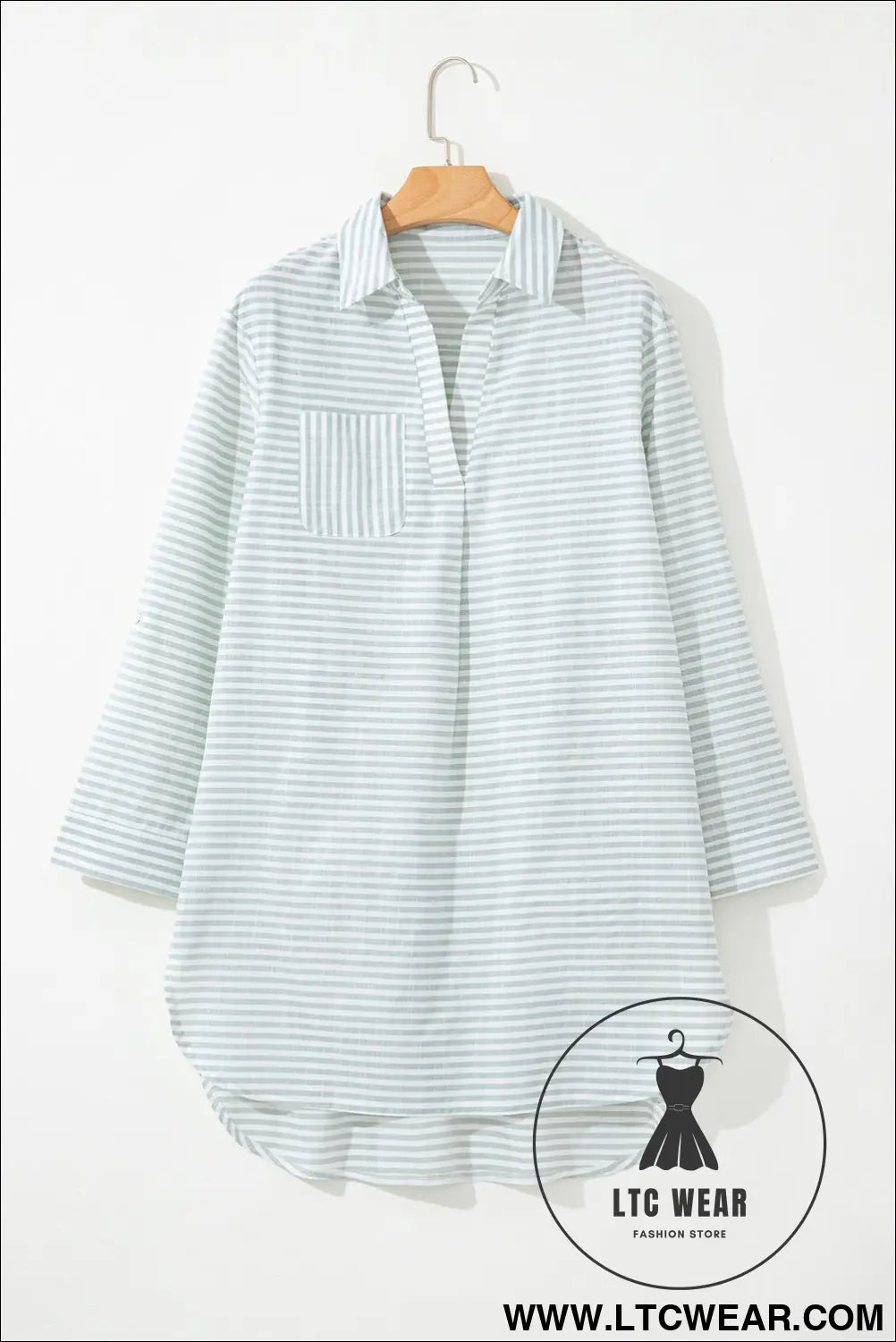 White Stripe Collared V Neck Chest Pocket Long Sleeve Beach Cover up - L.T.C Wear Online Fashion Store