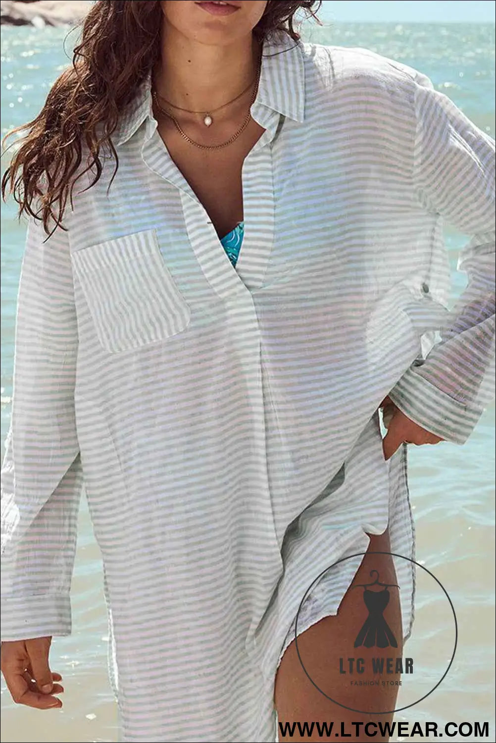 White Stripe Collared V Neck Chest Pocket Long Sleeve Beach Cover up