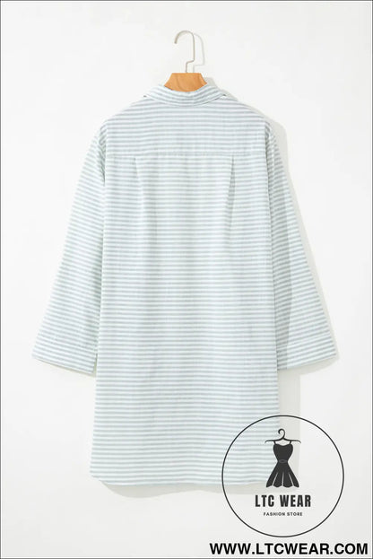 White Stripe Collared V Neck Chest Pocket Long Sleeve Beach Cover up - L.T.C Wear Online Fashion Store