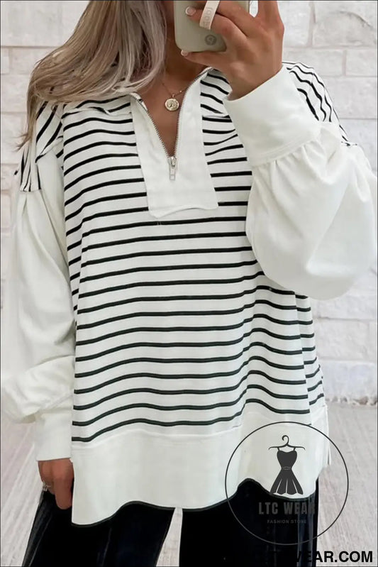 White Stripe Color Block Long Puff Sleeve Metal Zip-Up Collar Top