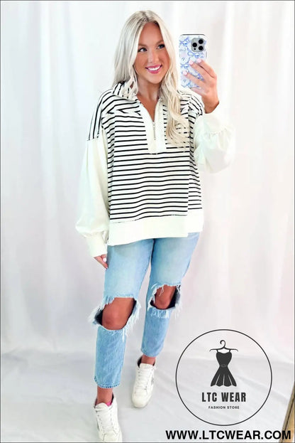 White Stripe Color Block Long Puff Sleeve Metal Zip-Up Collar Top