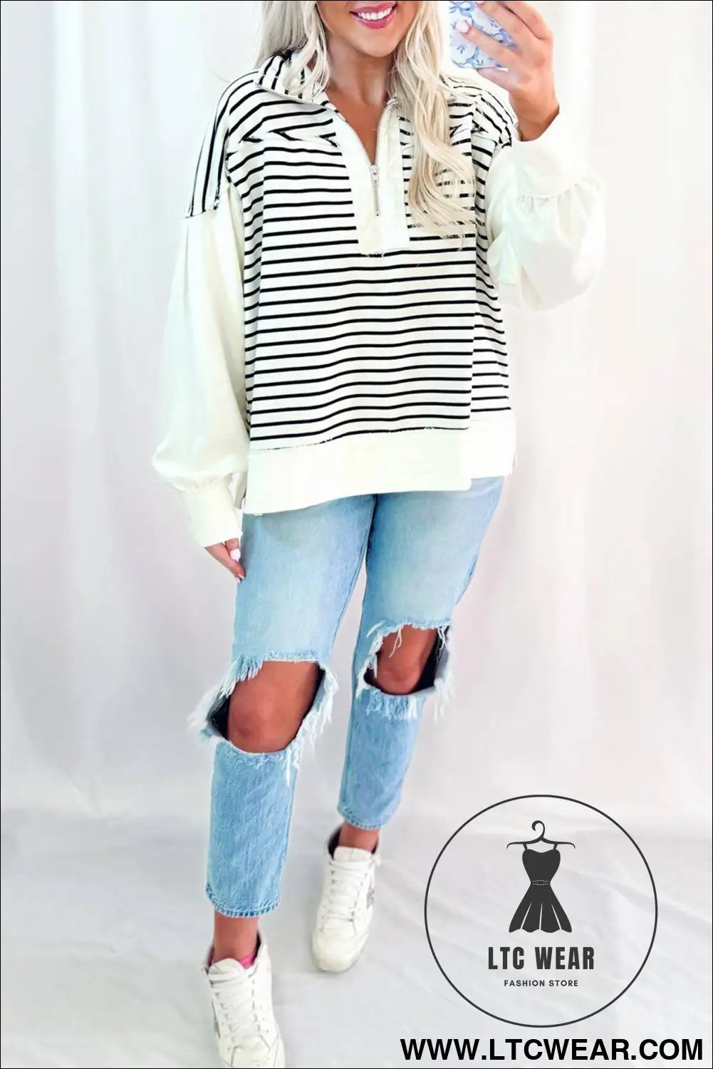 White Stripe Color Block Long Puff Sleeve Metal Zip-Up Collar Top
