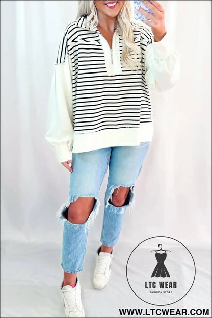 White Stripe Color Block Long Puff Sleeve Metal Zip-Up Collar Top
