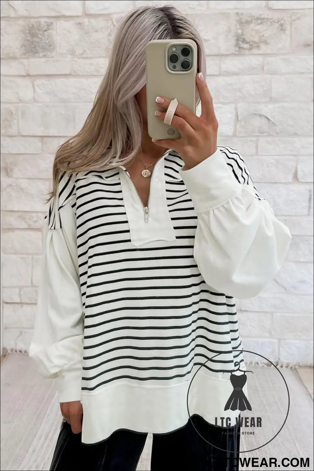 White Stripe Color Block Long Puff Sleeve Metal Zip-Up Collar Top