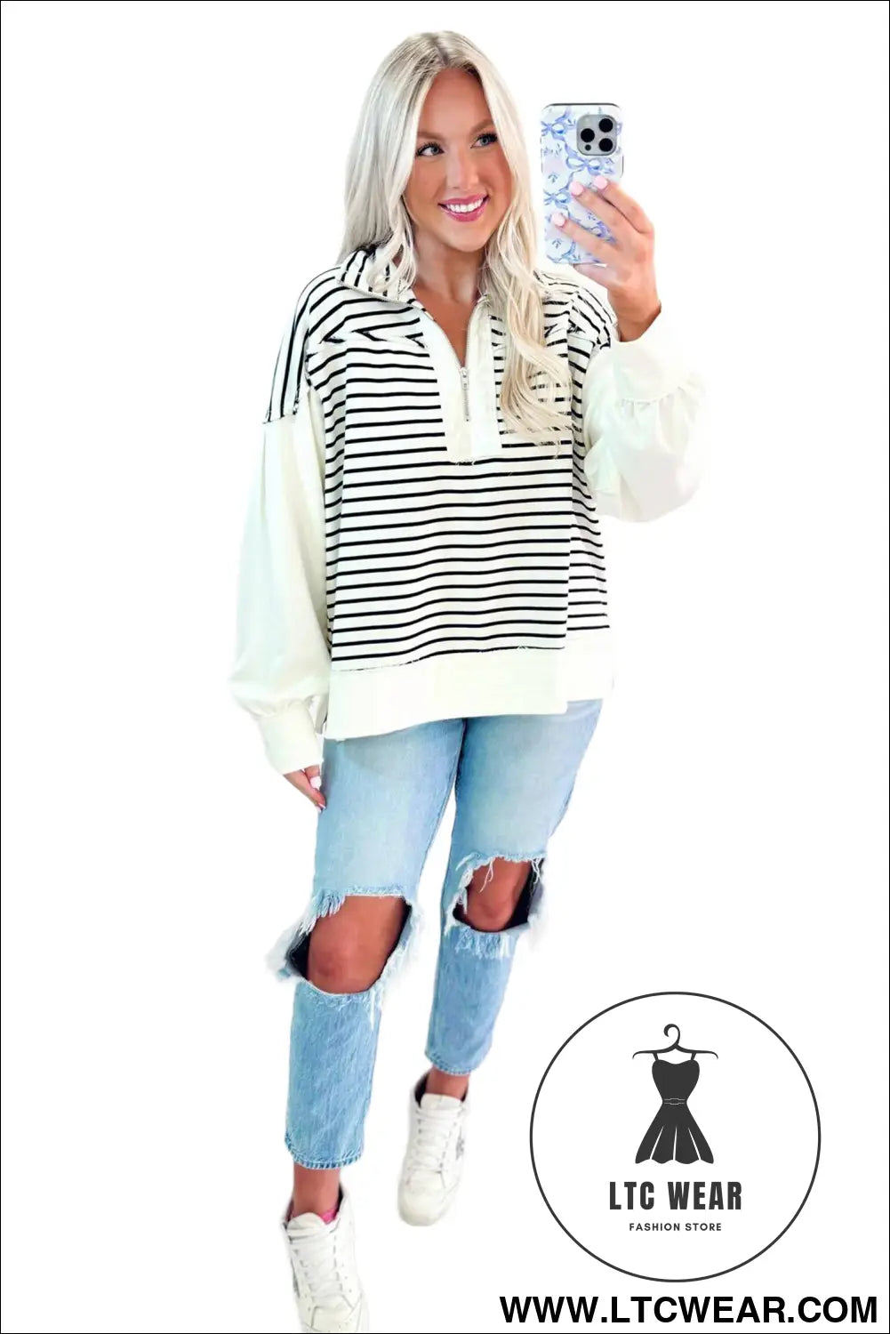 White Stripe Color Block Long Puff Sleeve Metal Zip-Up Collar Top