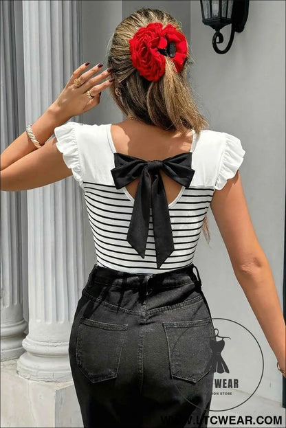 White Stripe Contrast Knot Back Ruffle Trim Tank Top