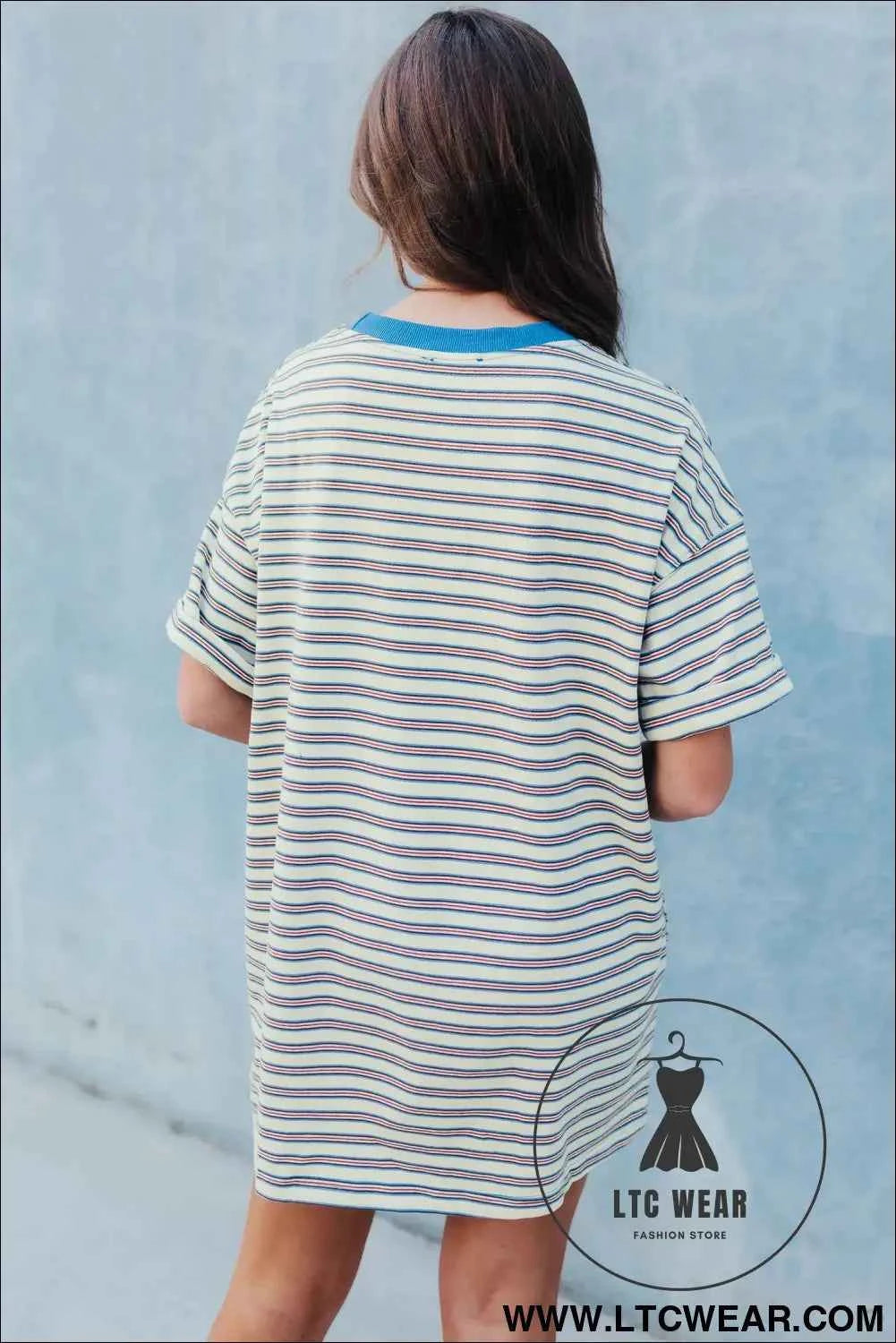 Striped Crew Neck Drop Shoulder T Shirt Mini Dress