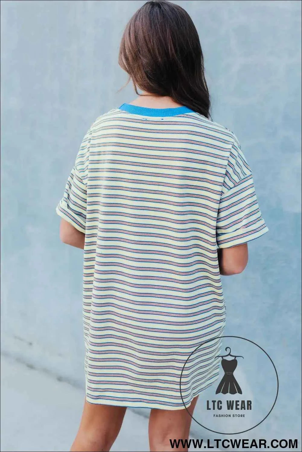 Striped Crew Neck Drop Shoulder T Shirt Mini Dress