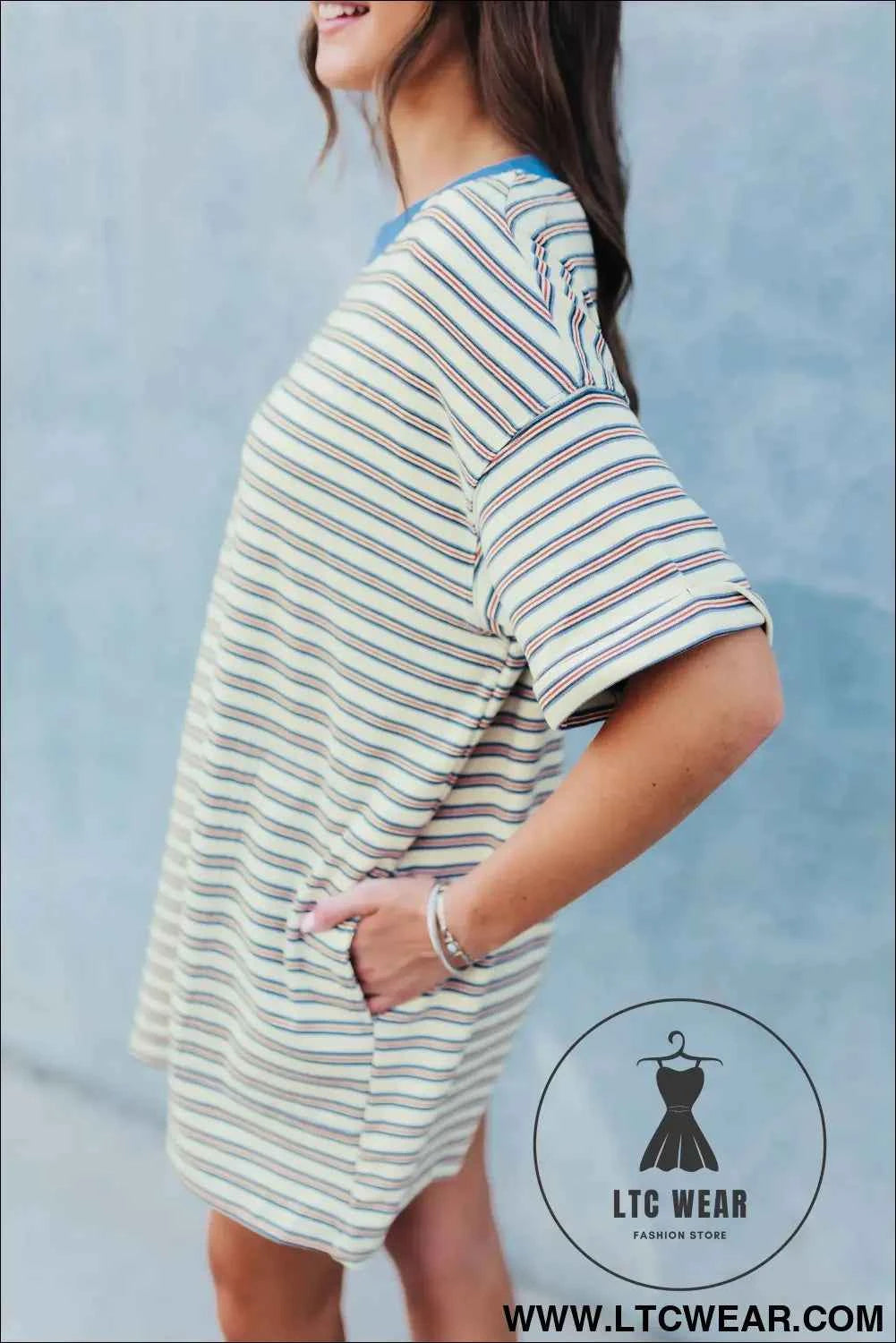 Striped Crew Neck Drop Shoulder T Shirt Mini Dress