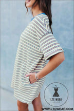 Striped Crew Neck Drop Shoulder T Shirt Mini Dress