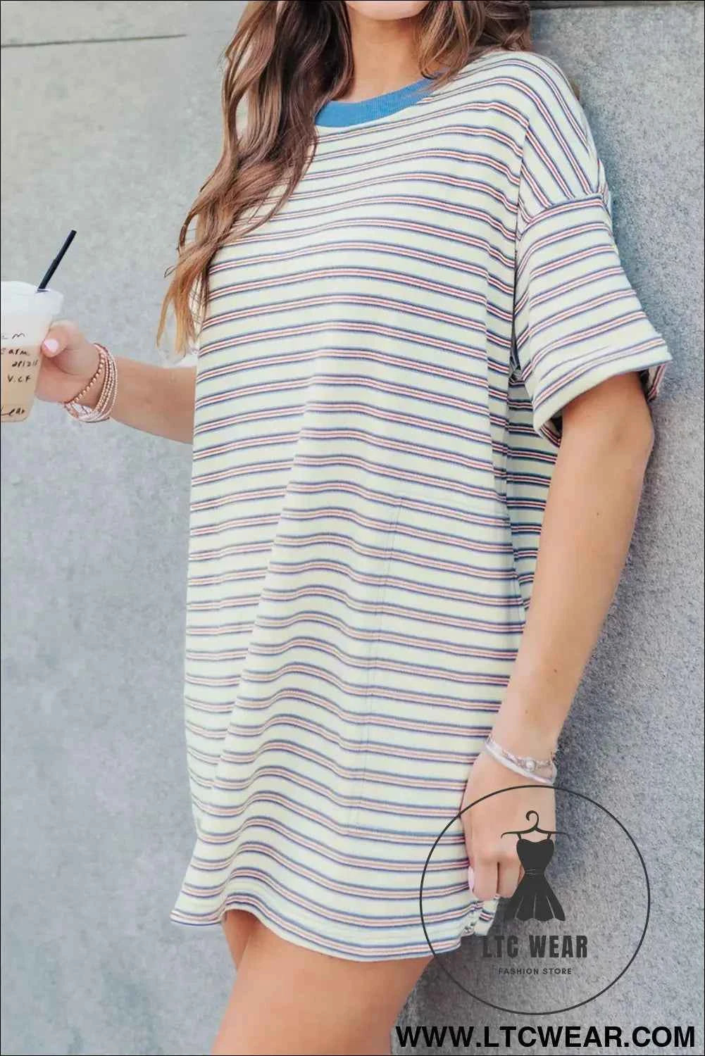 Striped Crew Neck Drop Shoulder T Shirt Mini Dress