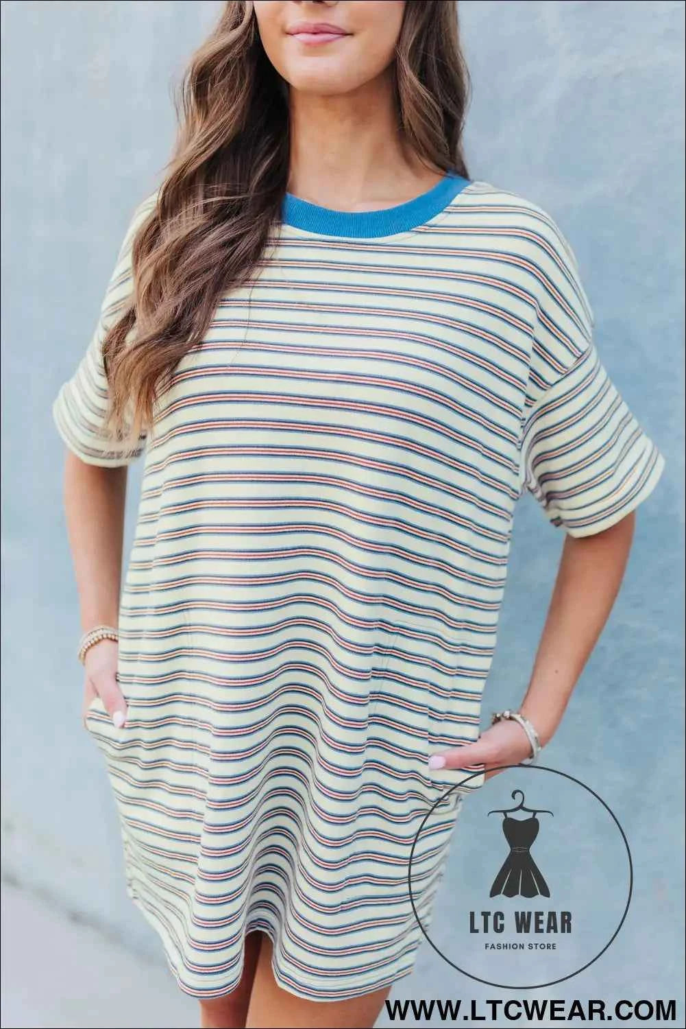 Striped Crew Neck Drop Shoulder T Shirt Mini Dress
