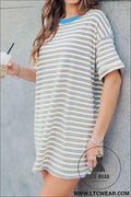 Striped Crew Neck Drop Shoulder T Shirt Mini Dress