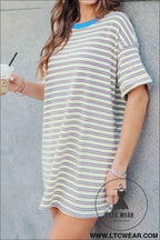 Striped Crew Neck Drop Shoulder T Shirt Mini Dress
