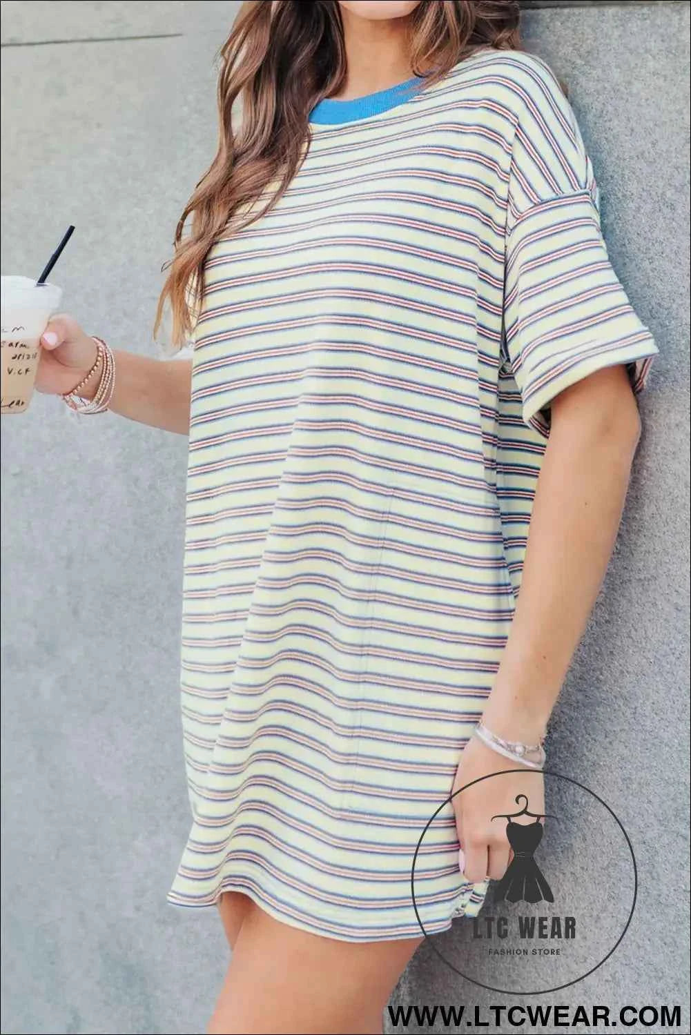 Striped Crew Neck Drop Shoulder T Shirt Mini Dress
