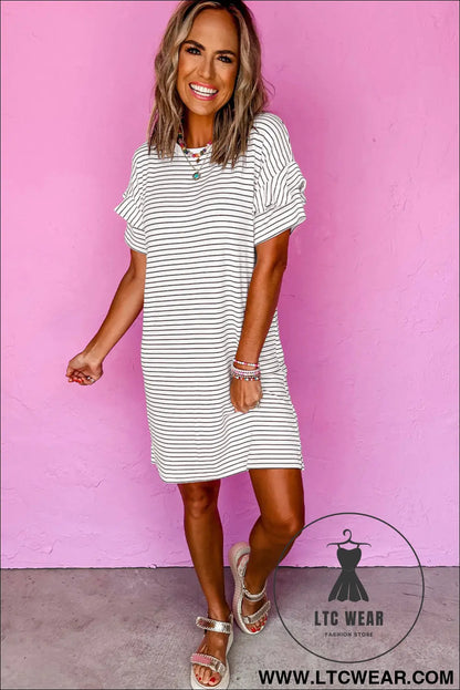 White Stripe Ruffled Short Sleeve Crew Neck T Shirt Shift Mini Dress - L.T.C Wear Online Fashion Store