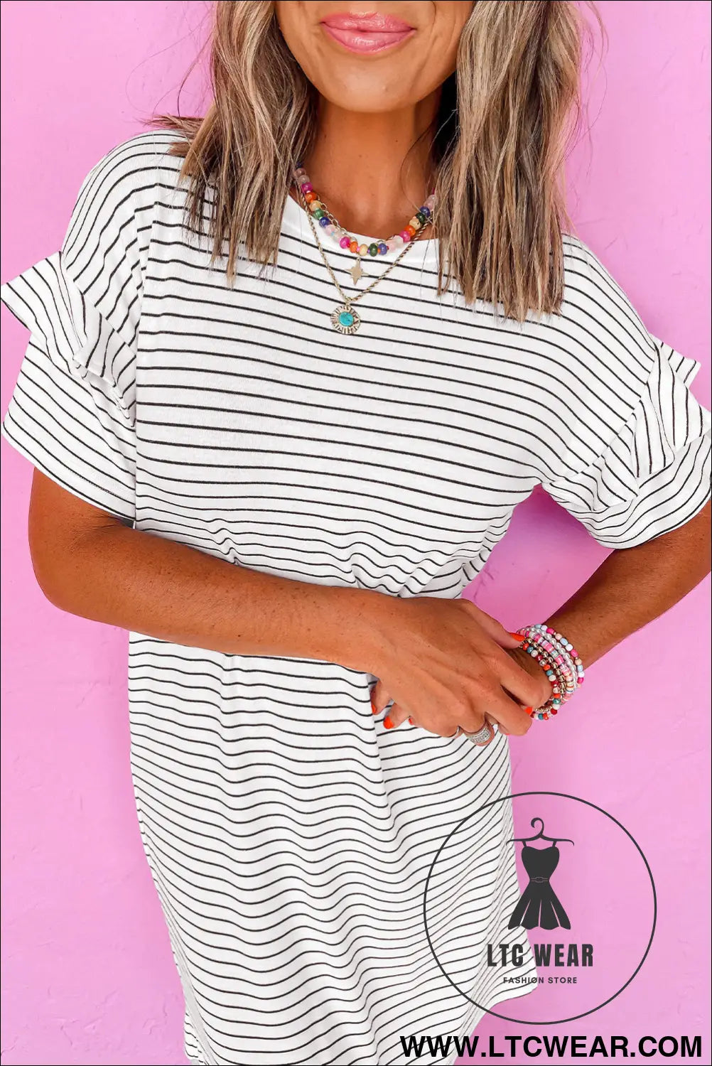 White Stripe Ruffled Short Sleeve Crew Neck T Shirt Shift Mini Dress - L.T.C Wear Online Fashion Store