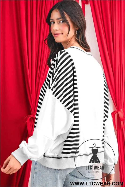 White Striped Colorblock Patchwork Oversized Sweatshirt