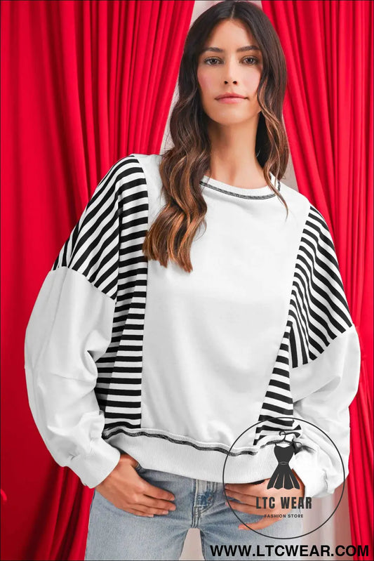 White Striped Colorblock Patchwork Oversized Sweatshirt