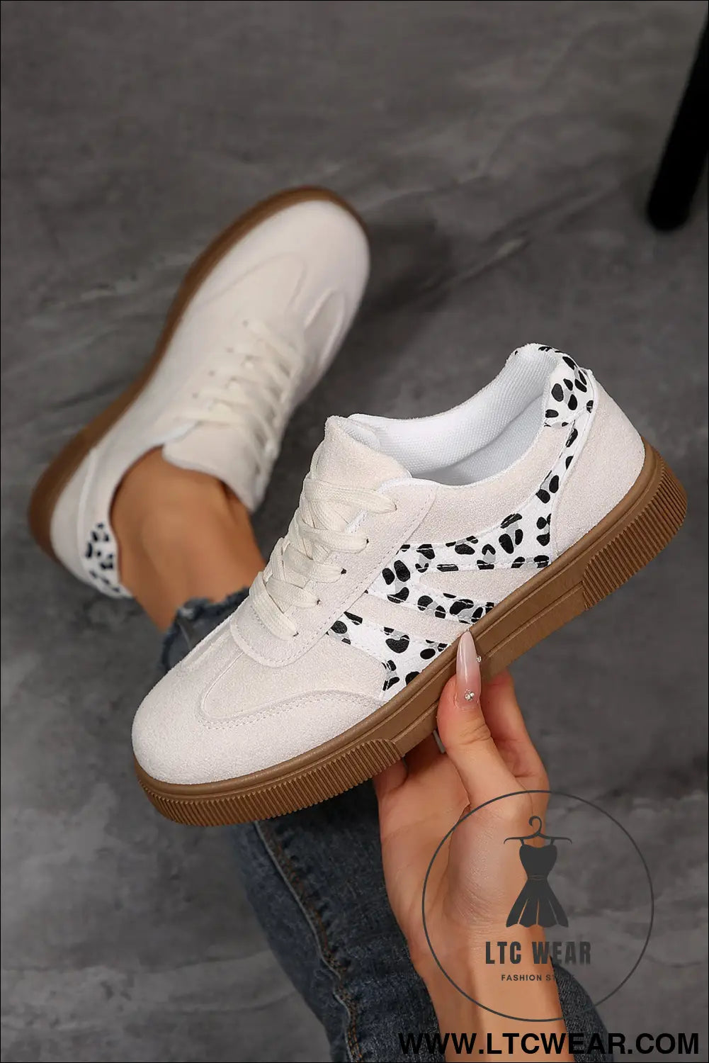 White suede leopard color block trim lace-up casual shoes - white / 37 / 100% polyester + 100% tpr - womens shoes