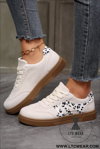 White Suede Leopard Color Block Trim Lace-up Casual Shoes - L.T.C Wear Online Fashion Store
