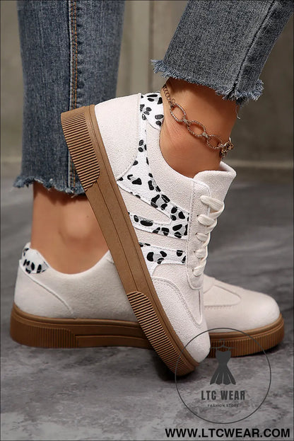 White Suede Leopard Color Block Trim Lace-up Casual Shoes - L.T.C Wear Online Fashion Store