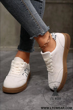 White suede leopard color block trim lace-up casual shoes - womens shoes