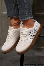 White suede leopard color block trim lace-up casual shoes - womens shoes