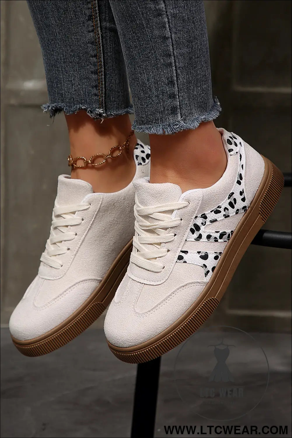 White suede leopard color block trim lace-up casual shoes - womens shoes