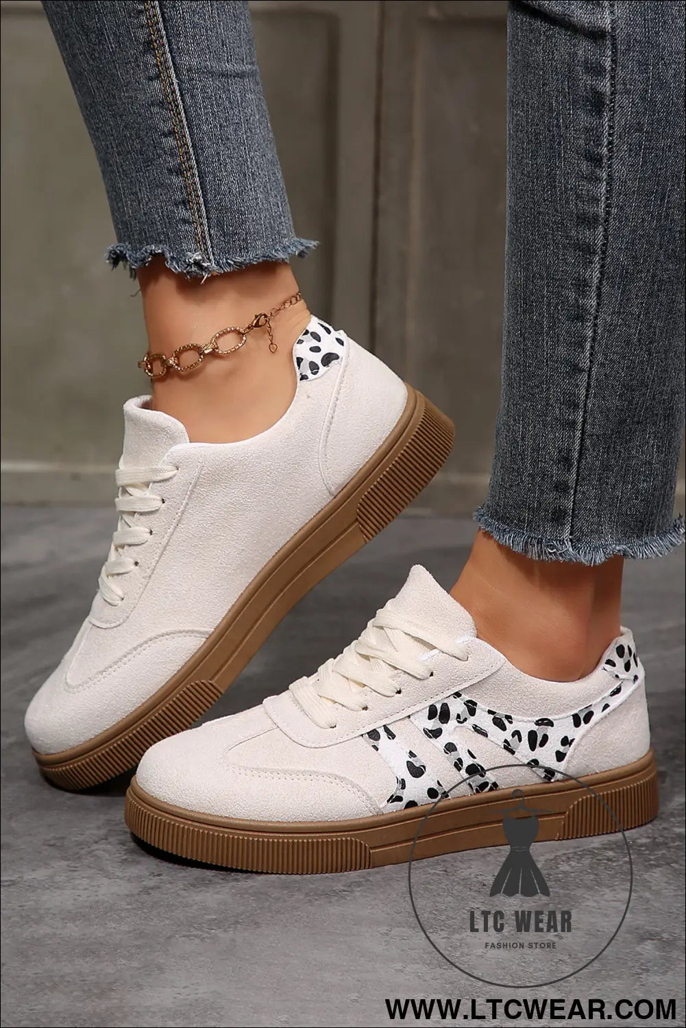 White suede leopard color block trim lace-up casual shoes - womens shoes
