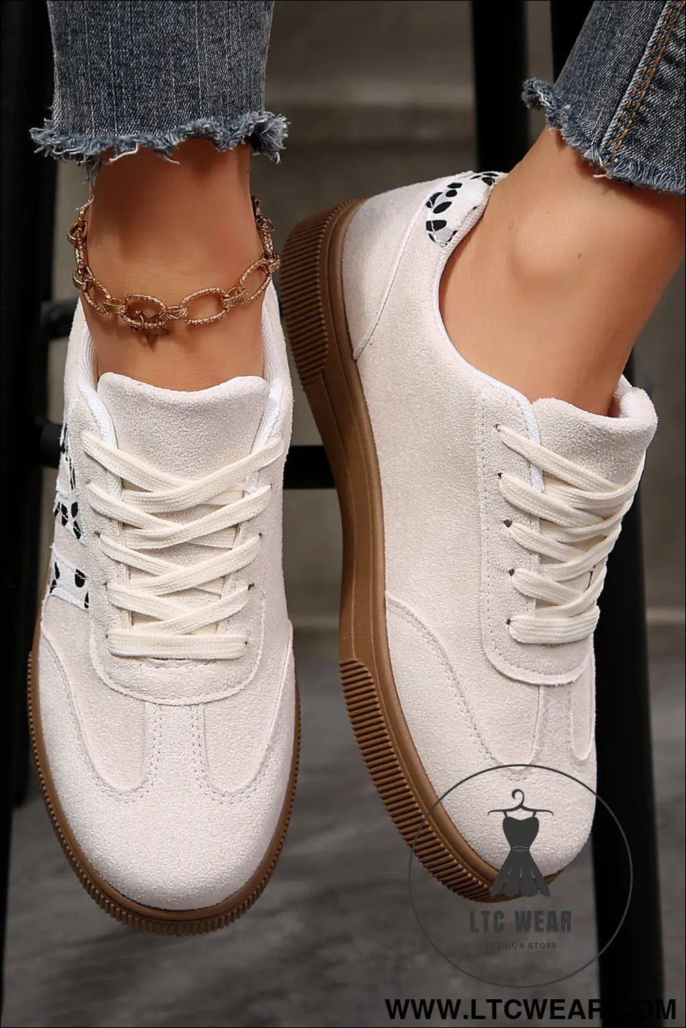 White suede leopard color block trim lace-up casual shoes - womens shoes