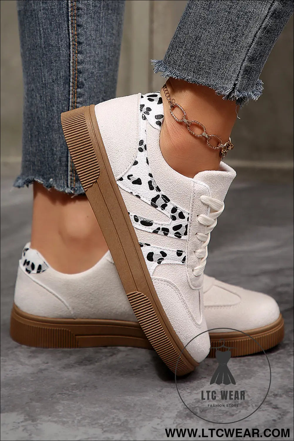 White suede leopard color block trim lace-up casual shoes - womens shoes