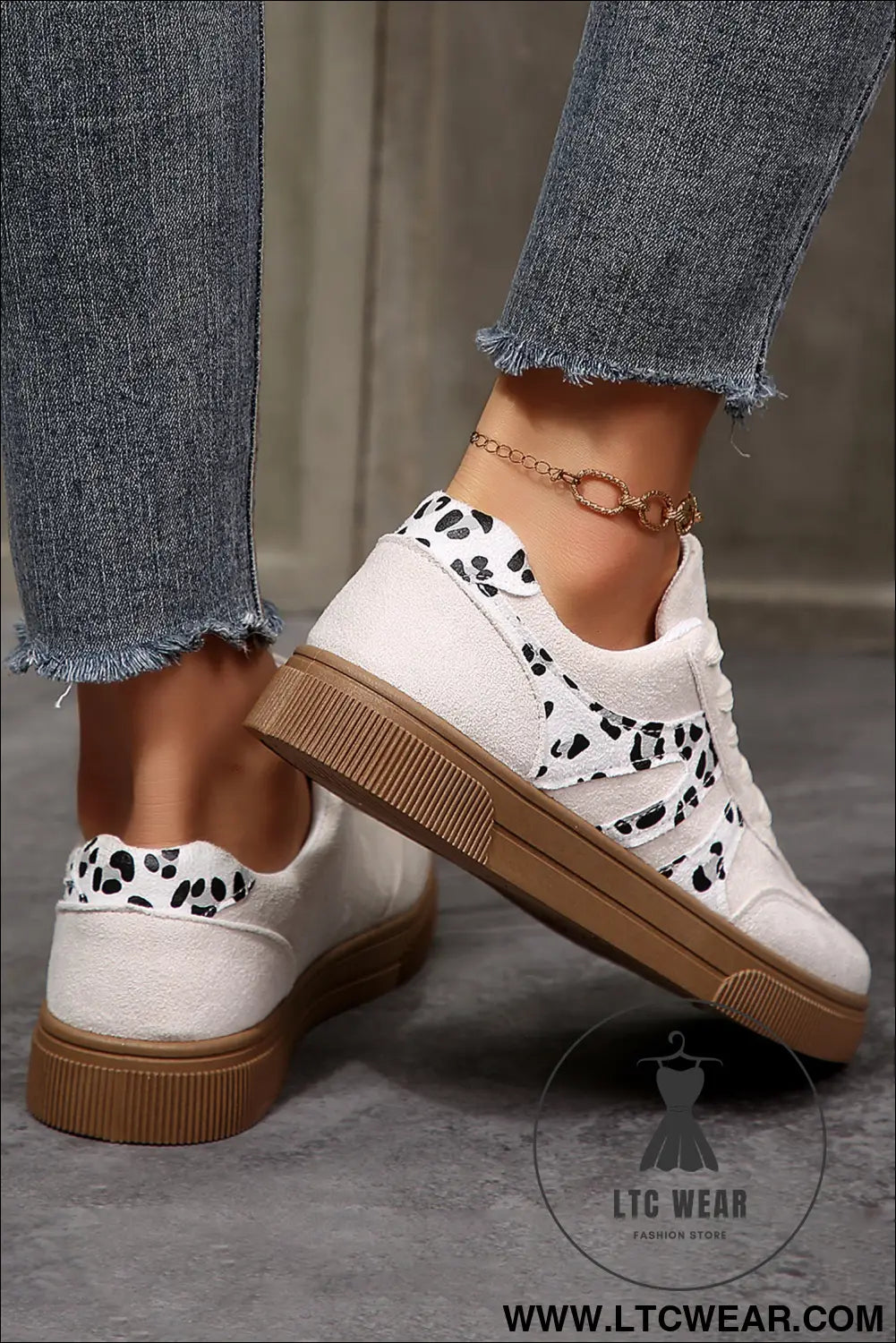White suede leopard color block trim lace-up casual shoes - womens shoes