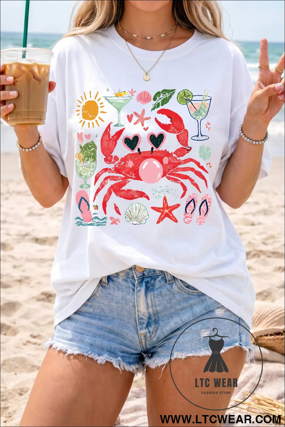 White summer vacation crab graphic tee - white / l / 62% polyester + 32% cotton + 6% elastane - graphic tees