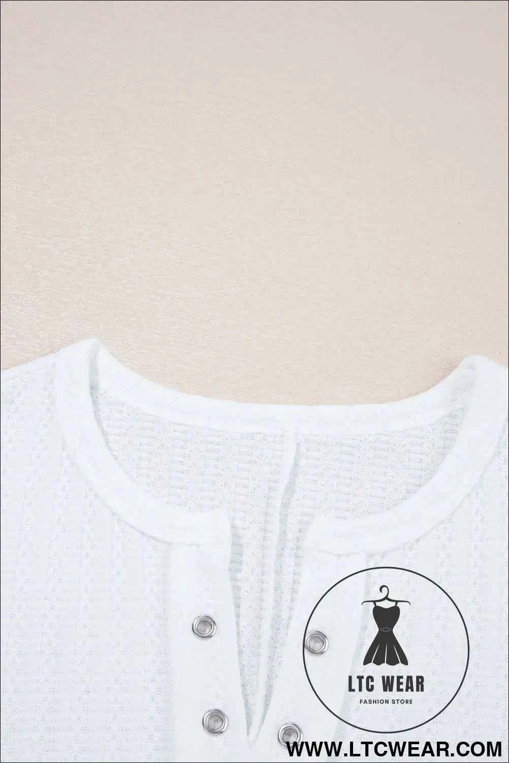 White Textured Hollow Grommet Placket Split Neck Short Sleeve Top