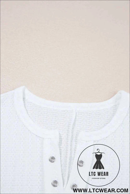 White Textured Hollow Grommet Placket Split Neck Short Sleeve Top