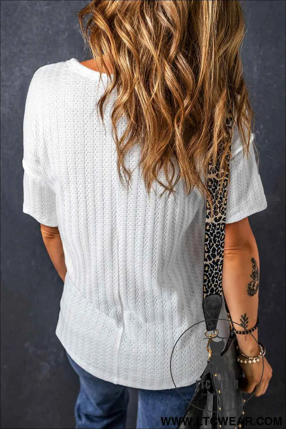 White Textured Hollow Grommet Placket Split Neck Short Sleeve Top